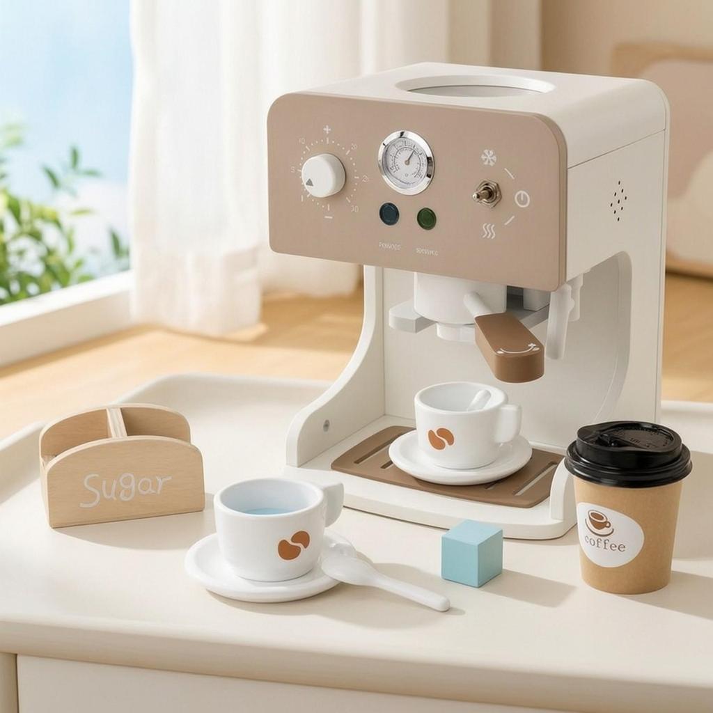 Wooden Coffee Machine Toy Long-Lasting with Accessories