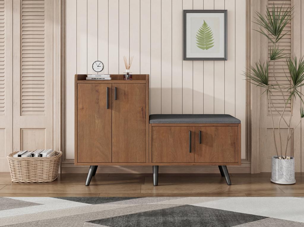 Modern Shoe Bench with Wood Grain, Shoe Cabinet, Four Storage Doors, Asymmetrical Metal Handles, W120/D34/H82.8 CM (OLD SKU: N657P242917N)