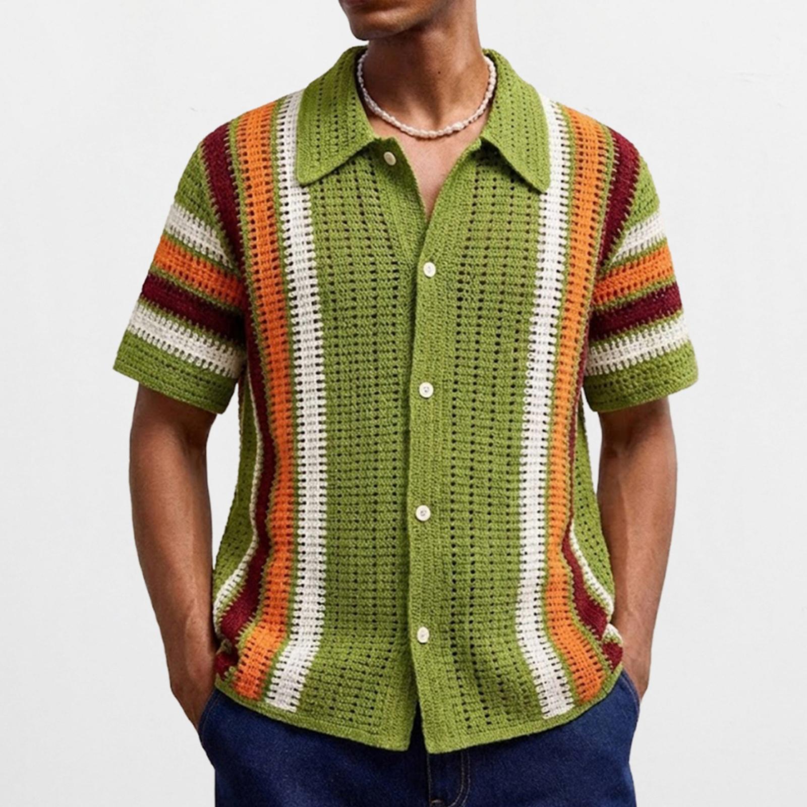 

Мужская летняя сексуальная прохладная дышащая рубашка с вырезами, летняя повседневная вязаная рубашка с коротким рукавом и воротником M зелёный