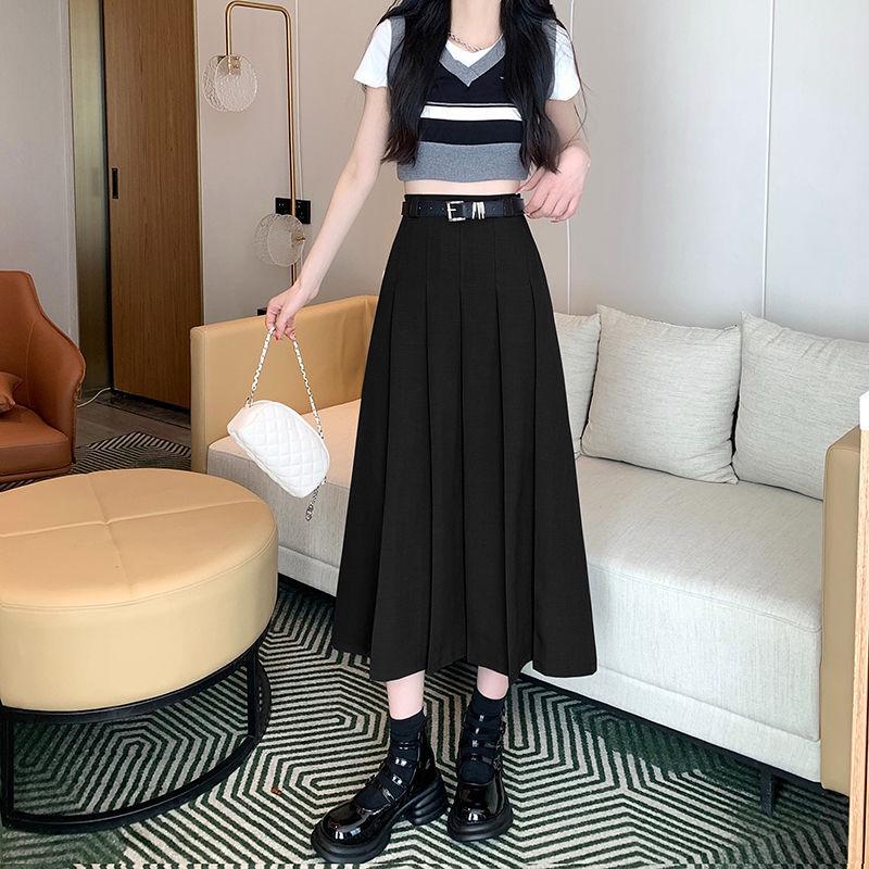 Elegant High-Waisted A-Line Pleated Skirt - Mid-Length, Slimming, Fashionable Niche Design