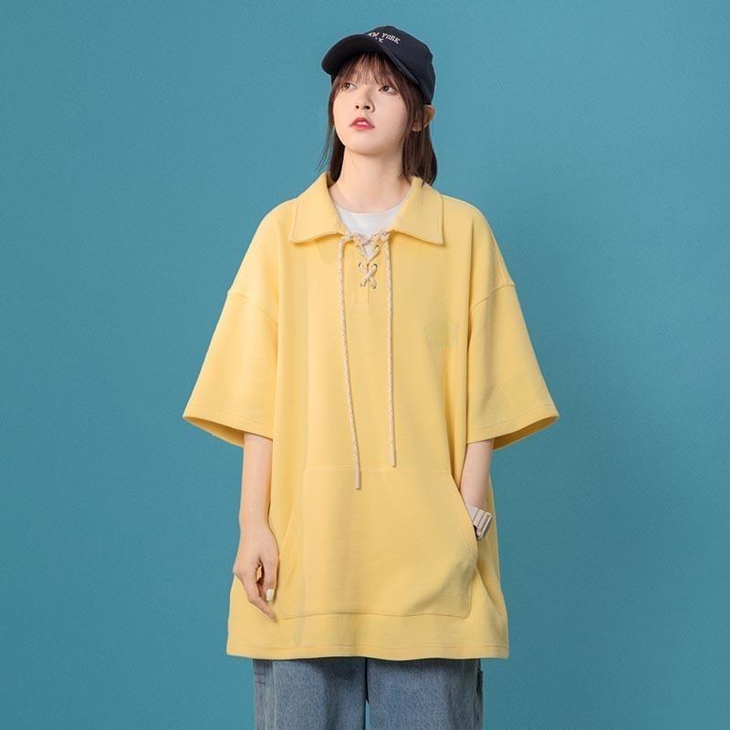 Women's Waffle T-shirt Summer Lapel Collar Drawstring Design Girls' Solid Tees Short Sleeve Casual Loose Oversized Tops