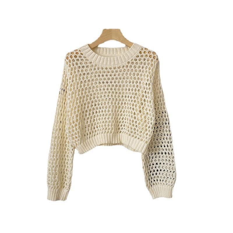 Spring and Summer Long Sleeve Hollow Knitted Sweater Women's Solid Color Inner Suspender Pullover Crew Neck Top Short Grid Design