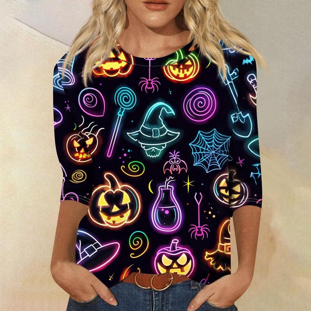 Women's Fashion Casual Three-quarter Sleeve Halloween Printed Round Neck Top