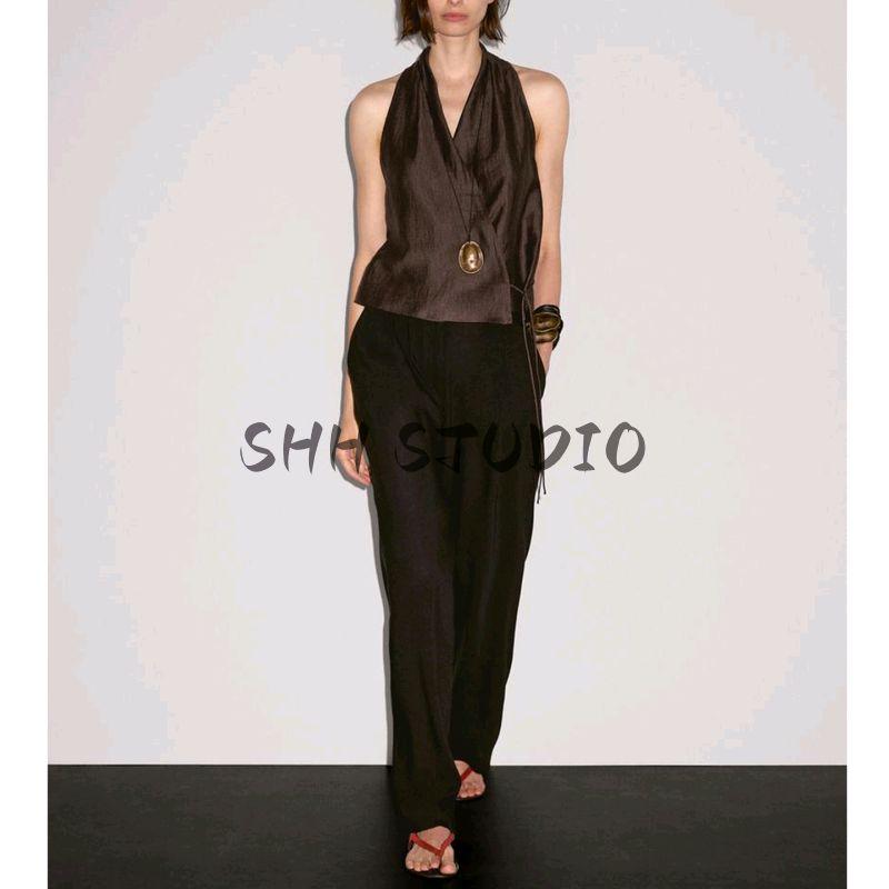 MD Summer Women's Clothing Minimalistic Temperamental Old Money Style Vacation Style V-neck Halter Sleeveless Short Shirt Tops 5124533