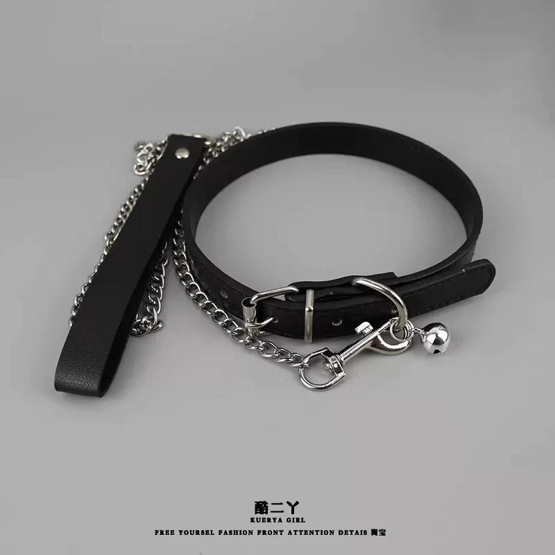 Long Bell Choker with Leash for Men Punk Necklace Adult Heavy Duty Collar