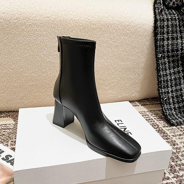 Full cowhide thin boots square head bare boots rear zipper autumn and winter velvet French thick high-heeled short boots women's single boots