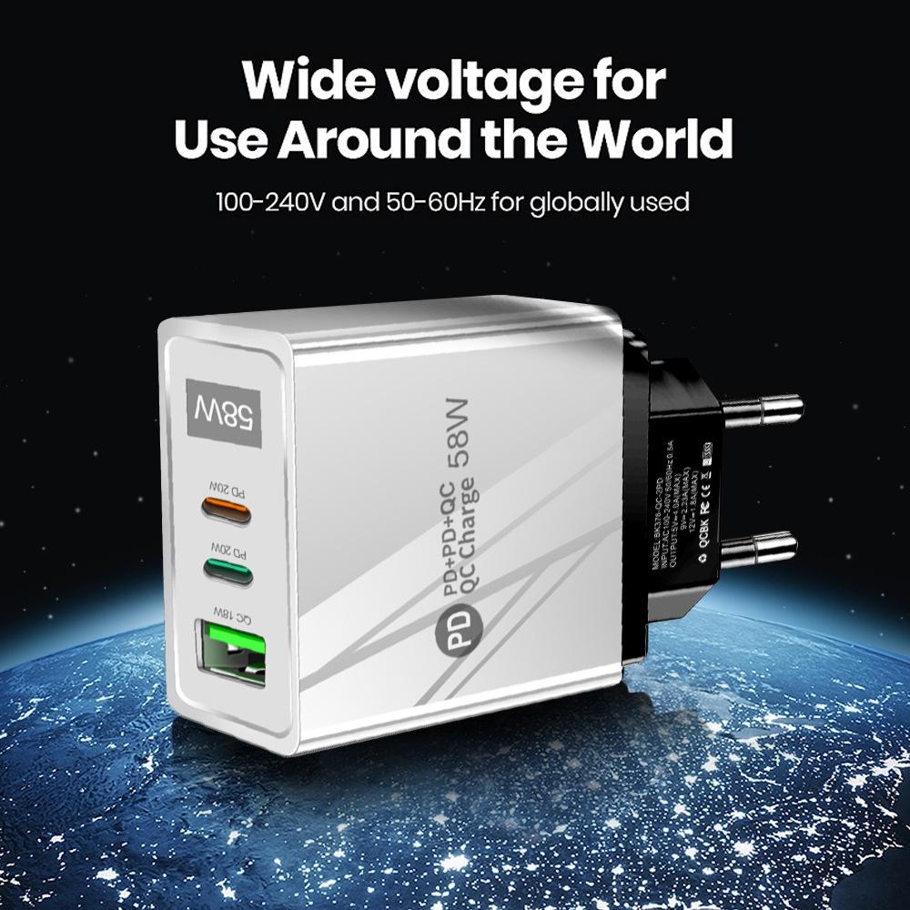 58W Dual Fast Charger with 2PD+QC3.0, Compatible with EU/US/UK Plugs.
