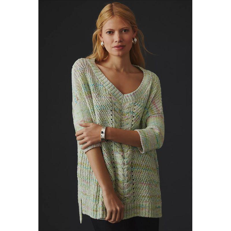 

Anjia Anth * Pilcr * O Retro Contrast Color Stripes Jacquard Knitting Long Sleeves Knitting Mid Length Long Length Tops Sweater Light green/color mixing XL