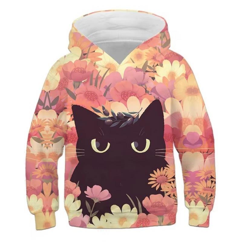 Hoodies Cute Kitten Flowers Print Girls Sweatshirt Stretch Comfortable Fit Long Sleeve Autumn Winter Pullover Tops Youth Kids