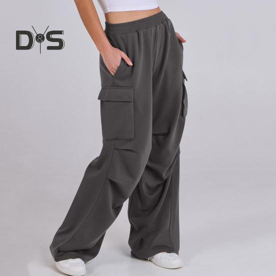 Women Cargo Pants Elastic Waist Mid-rise Straight Wide Leg Sweatpants with Multi Pockets Solid Color Casual Jogging Pants Loose Lounge Pants