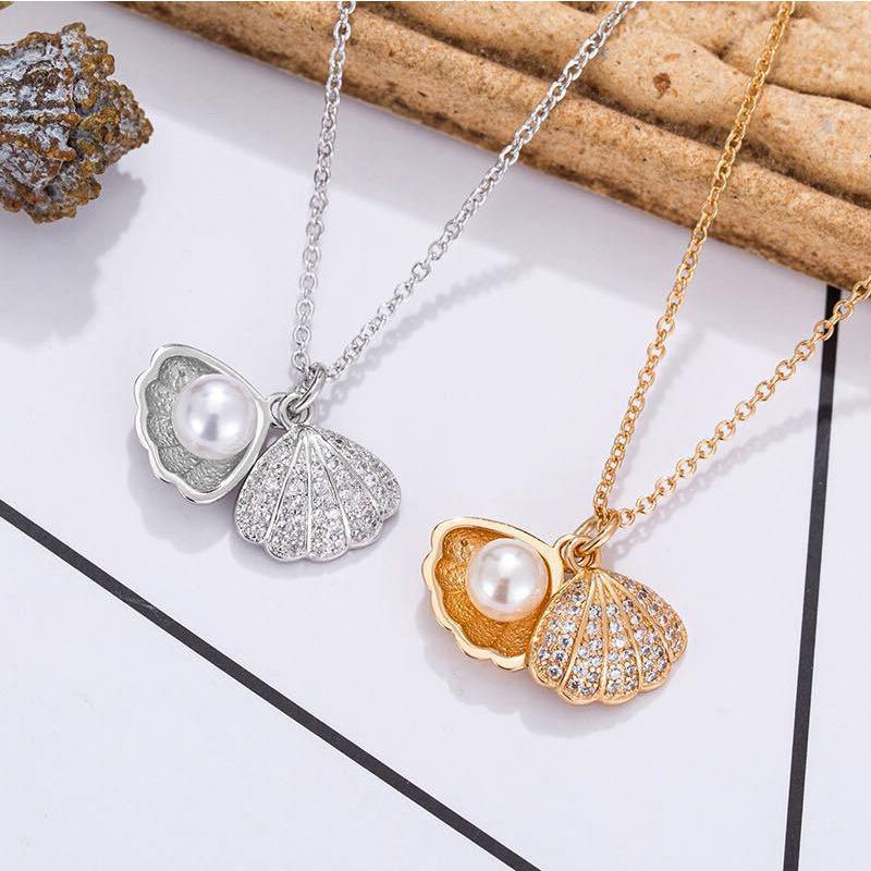 Korean Romantic Shell Pendant Necklace for Women Micro Zircon Exquisite Imitation Pearl Heart Choker Neck Chain Party Jewelry