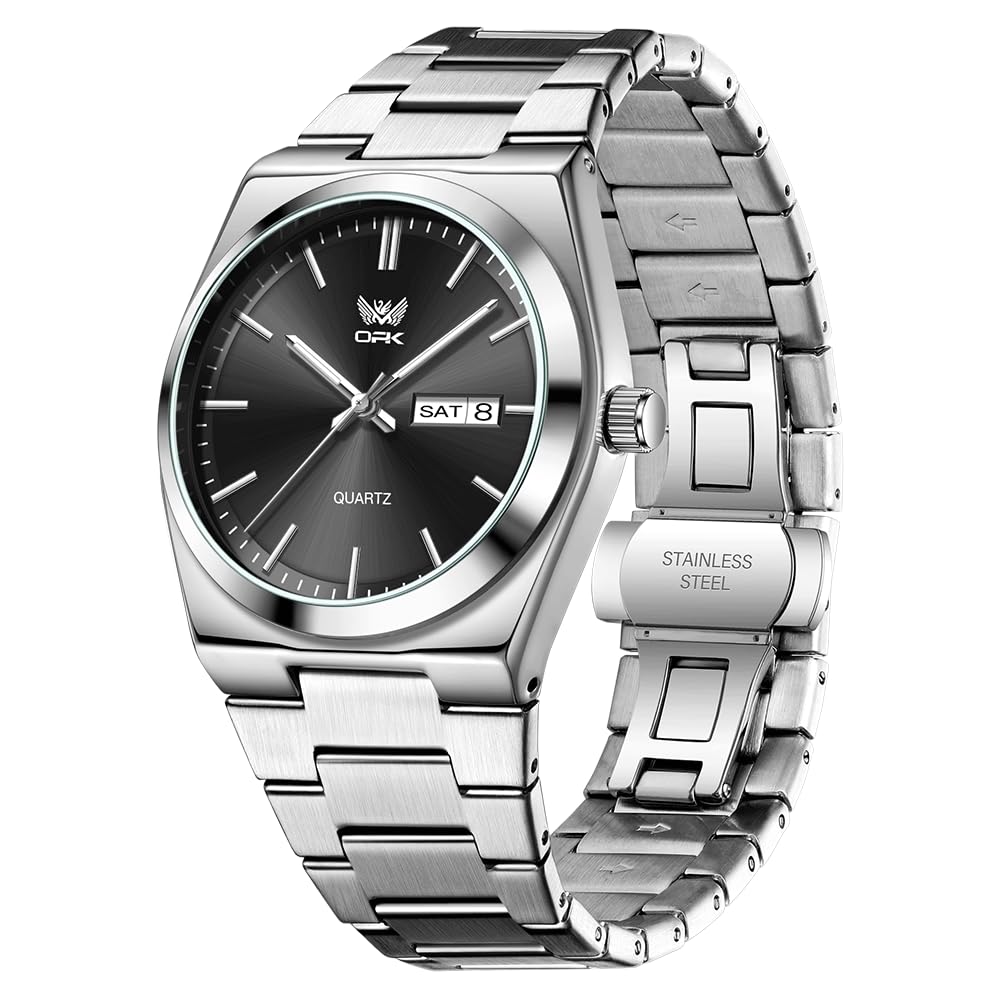 OPK Men's Quartz Watch - Black Stainless Steel, Date Display, Waterproof, Luminous, Lightweight, Business Casual