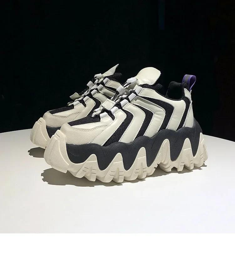 

Women Spring Genuine Leather Shoes Casual Lady High Heel Chunky Sneakers Platform Fashion Lace-up Height Increasing Thick Bottom 40