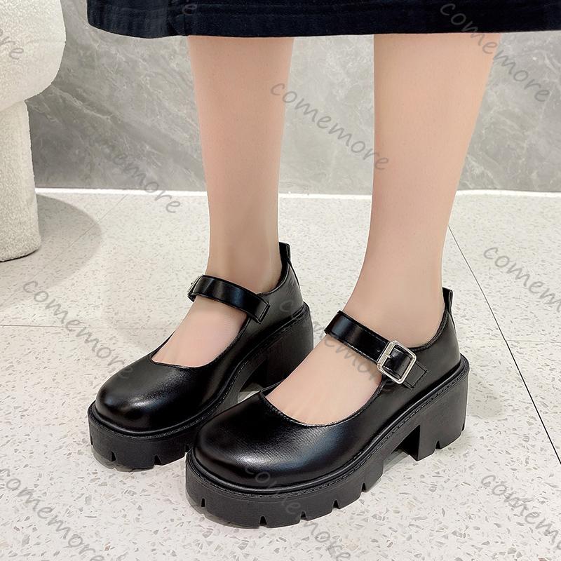 Fashion Comemore Black Ankle Buckle Platform Pumps Japanese Style Patent Leather Mary Jane Shoes Woman Punk Thick Heels Lolita Shoes