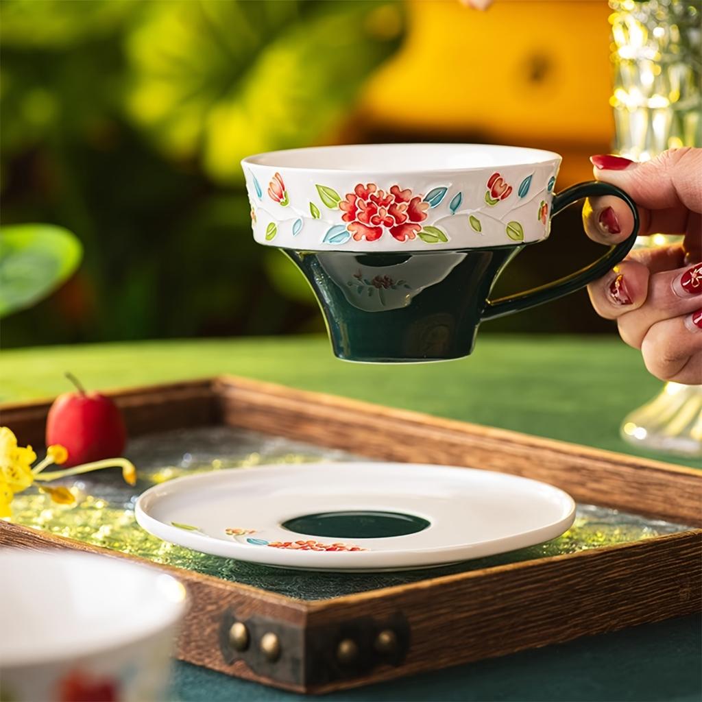 Set, Red/Green Floral Tea Cup and Saucer, Ceramic Coffee Mug and Saucers, Girls' Drinking Cup for Breakfast, Tea Party, Afternoon Tea, Home, Garden