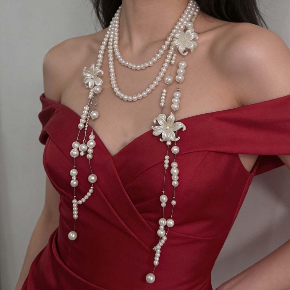 Multi Layer Lilium Flower Pearl Necklace Balletcore Style Stacked Flower Choker Strapless Dress