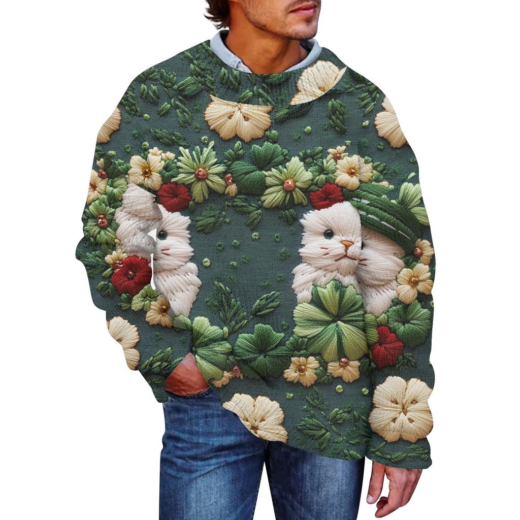 Męska Moda Casual Długi Rękaw St. Pacrit Delikatny Drukowany Sweter z Imitacji Wełny z Okrągłym Dekoltem Kwiatowa Bluza z Okrągłym Dekoltem Luźne Długie Rękawy