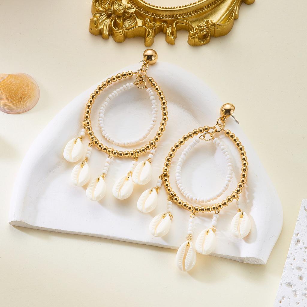 Boho Cowrie Shell Drop Earrings for Women Gold Color Beaded Hoop Tassel Dangle Earring Summer Beach Vacation Jewelry Accessories