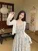 French blue oil painting floral suspender dress female summer 2026 new waist fairy texture long dress