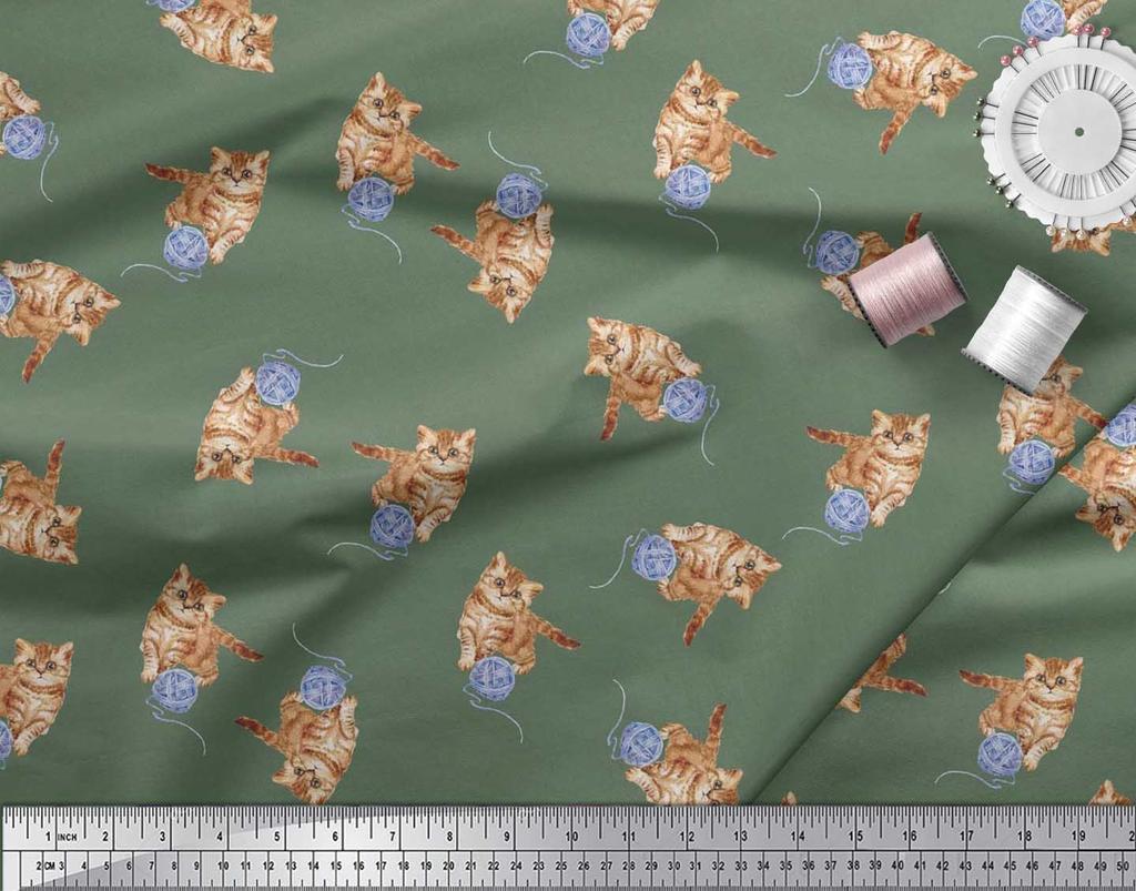 Soimoi Japan Crepe Satin Fabric Wool & Cat Animal Print Fabric by the Metre 42 Inch