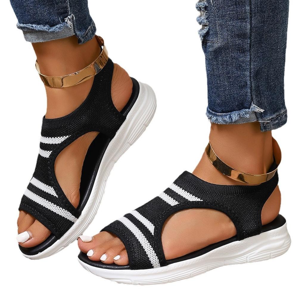 2025 summer color matching round head fly-woven thick-soled casual women's large-size one-word foot set thick-soled sandals