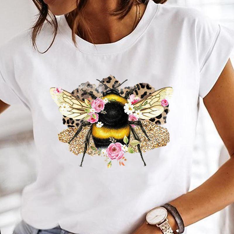 Summer Bee Animal Cartoon Cute Round Neck Pure Cotton Printed Unisexs and Womens Short Sleeved New Personalized Casual Tshirt