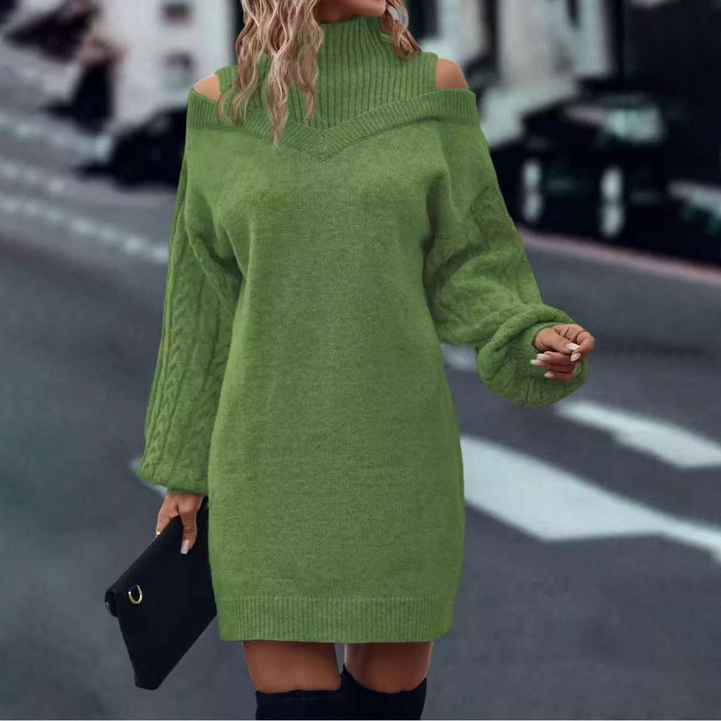 Autumn Winter Casual Loose Mini Dress Fashion Long Sleeve Elasticity Sweater Dresses Turtleneck Solid Off-shoulder Knitted Dress
