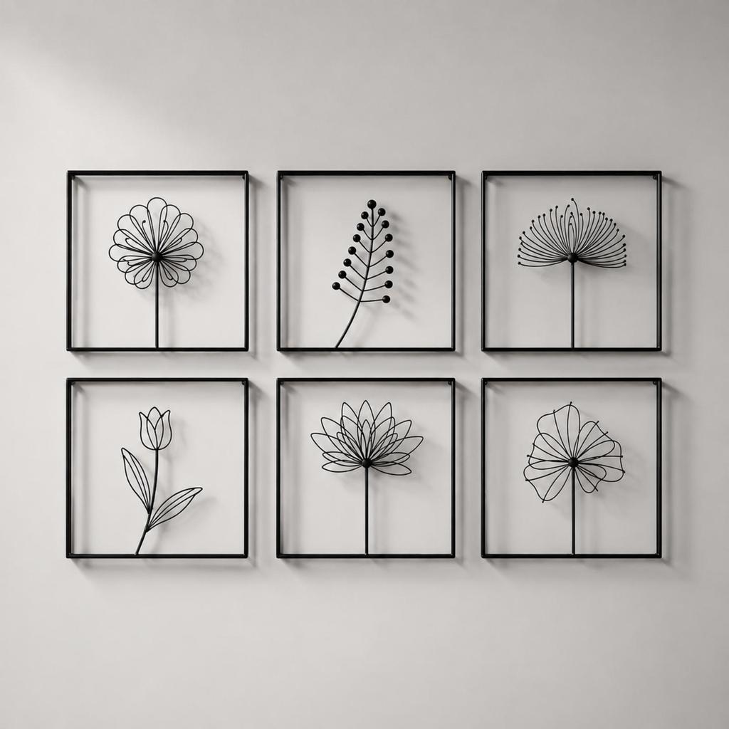 6 Pieces Square Wall Decoration with Open Frame Handmade-Style Floral Metal