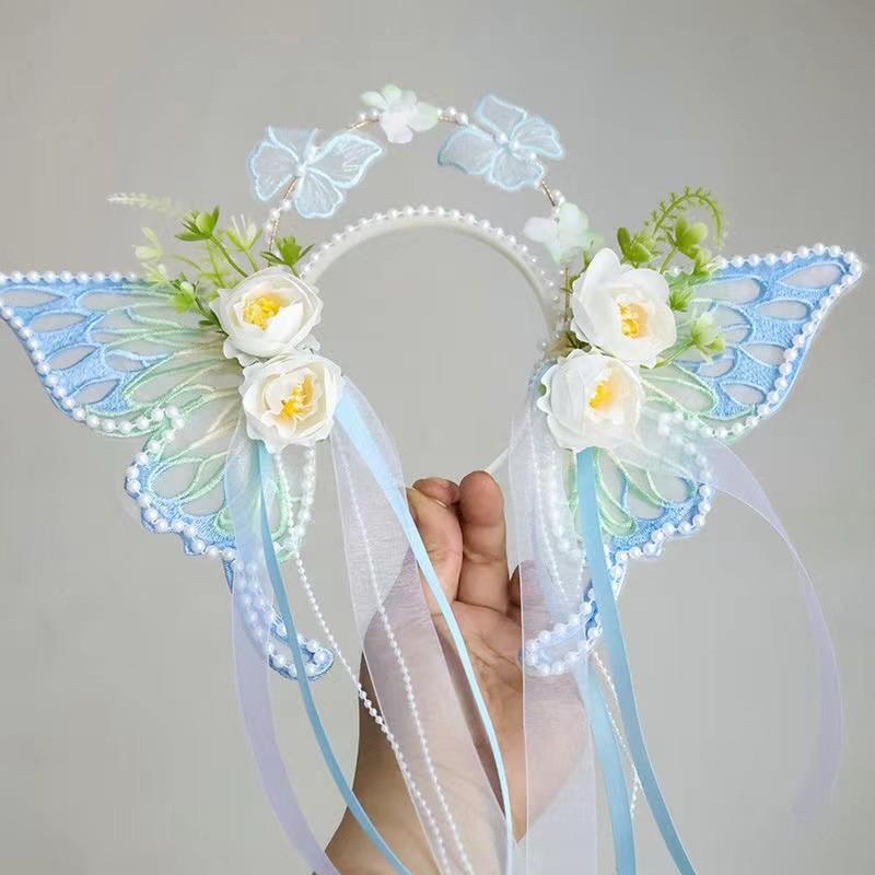 Serre-tête Fleur Papillon Perle - Couronne Artificielle Fait Main Bricolage Bijoux de Cheveux pour Filles, Accessoires de Fête et de Mariage