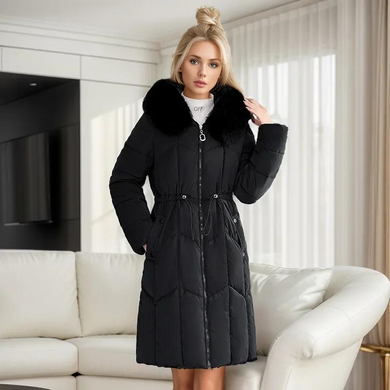 Chaquetas Acolchadas de Invierno para Mujer de Largo Medio a la Moda con Capucha de Cuello Grande de Piel Sueltas Gruesas con Cinturón en la Cintura Abrigo de Algodón Acolchado