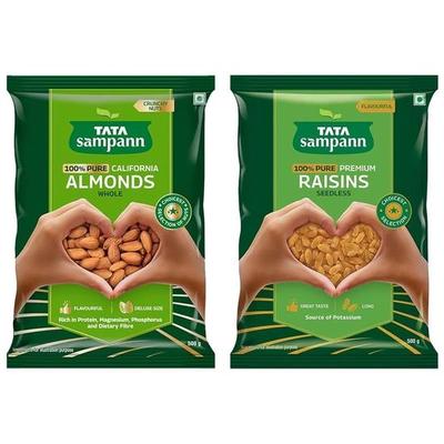 TATA Sampann Reine kalifornische Mandeln Ganze & Trockenfrüchte | 500g & Tata Sampann Reine Rosinen Kernlos | 500g Vorteilspackung