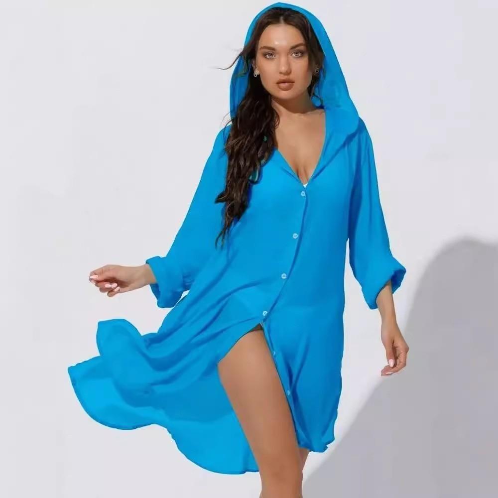 Solid Color Button Down Tunic Dress Long Sleeve Blouse Tops Beach Bikini Cover-up  Vacation Outfit