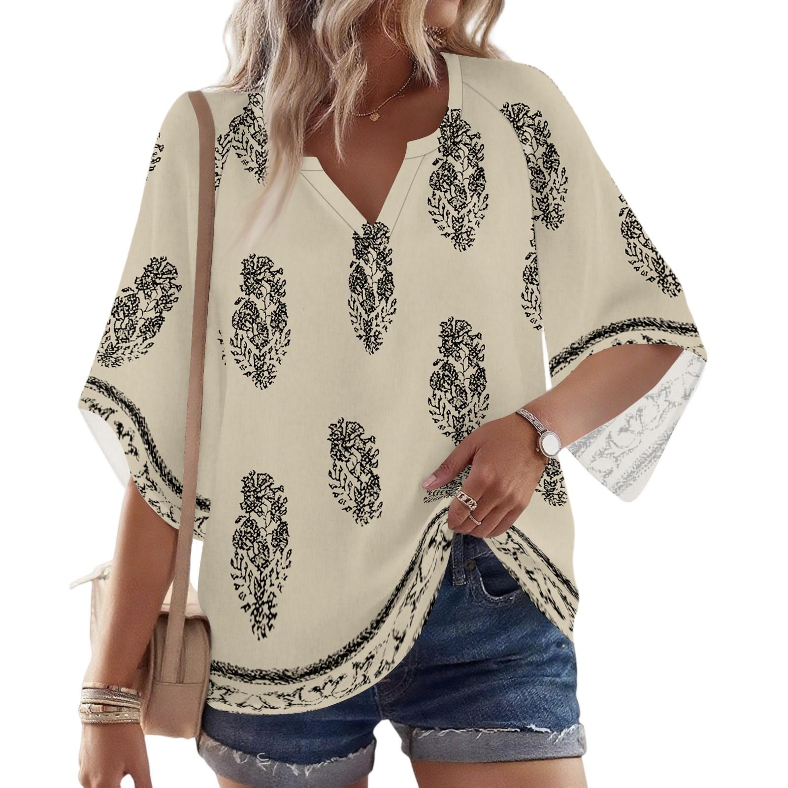 

Женская блузка с рукавом 3/4, V-образным вырезом и цветочным принтом, повседневная, свободная туника XL бежевый