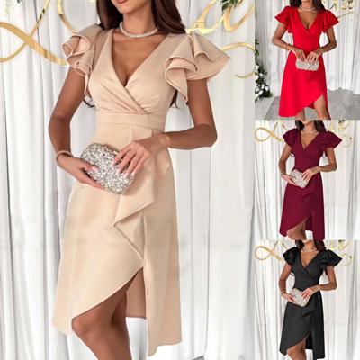 Women's Solid V-neck Waistband Ruffle Sleeves Irregular Dress