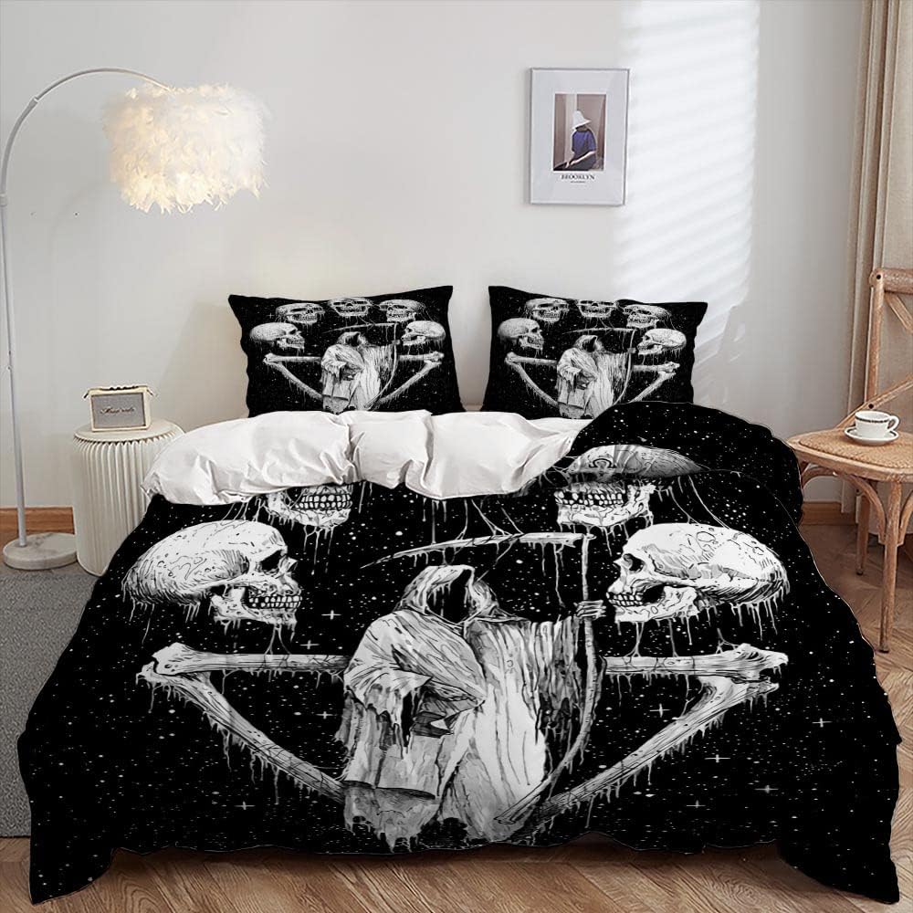 

King Size Skull Duvet Cover Set - Skeleton Theme Bedding 3 Piece With 1 Quilt Cover And 2 Pillowcases For Boys 90X200cm
