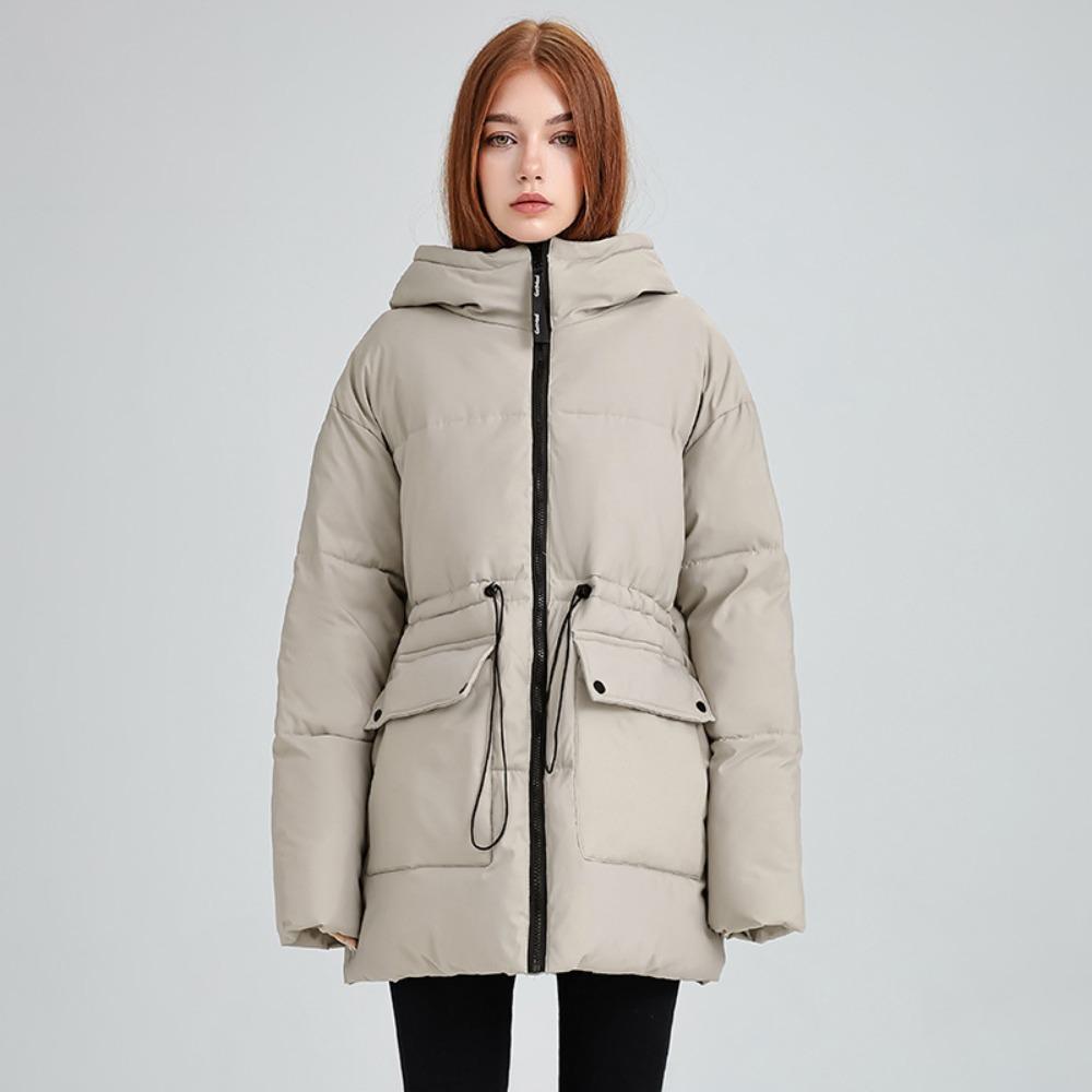 Women's Hooded Long Sleeve Raglan Sleeve Coat Loose Fit Casual Puffer Jacket with Drawstring Waist for Winter Wear