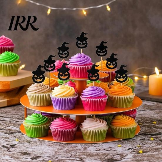 Dark Halloween Party Decoration 8 Pcs Cupcake Toppers, Black Glitter Witch Hat Pumpkin Durable Cake Toppers for Parties Picks Supplies, Birthday