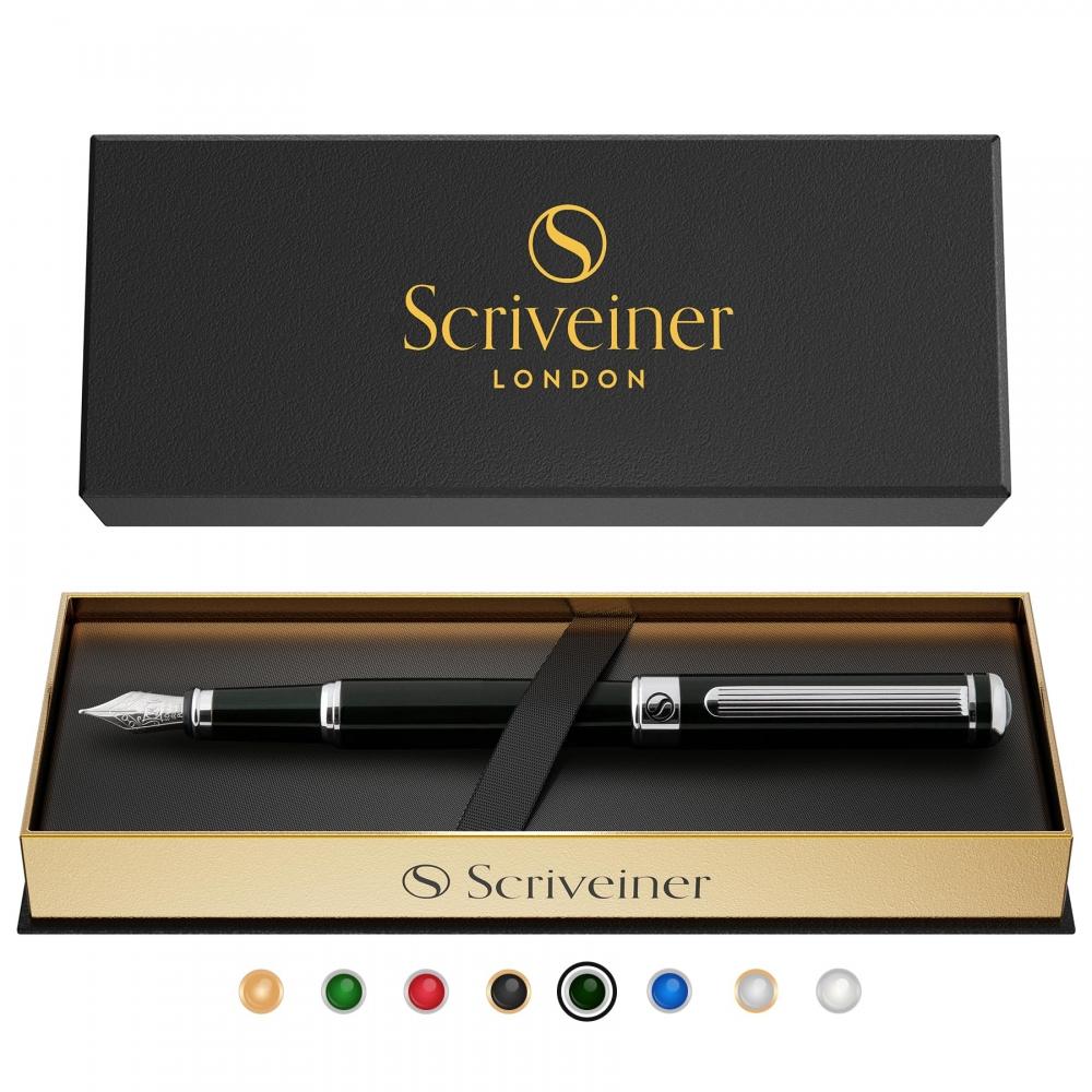 Scriveiner Black Green Fountain Pen - Stunning Luxury Pen with Chrome Finish, Schmidt Nib (Fine), Best Pen Gift Set for Men & Women, Professional, Exe