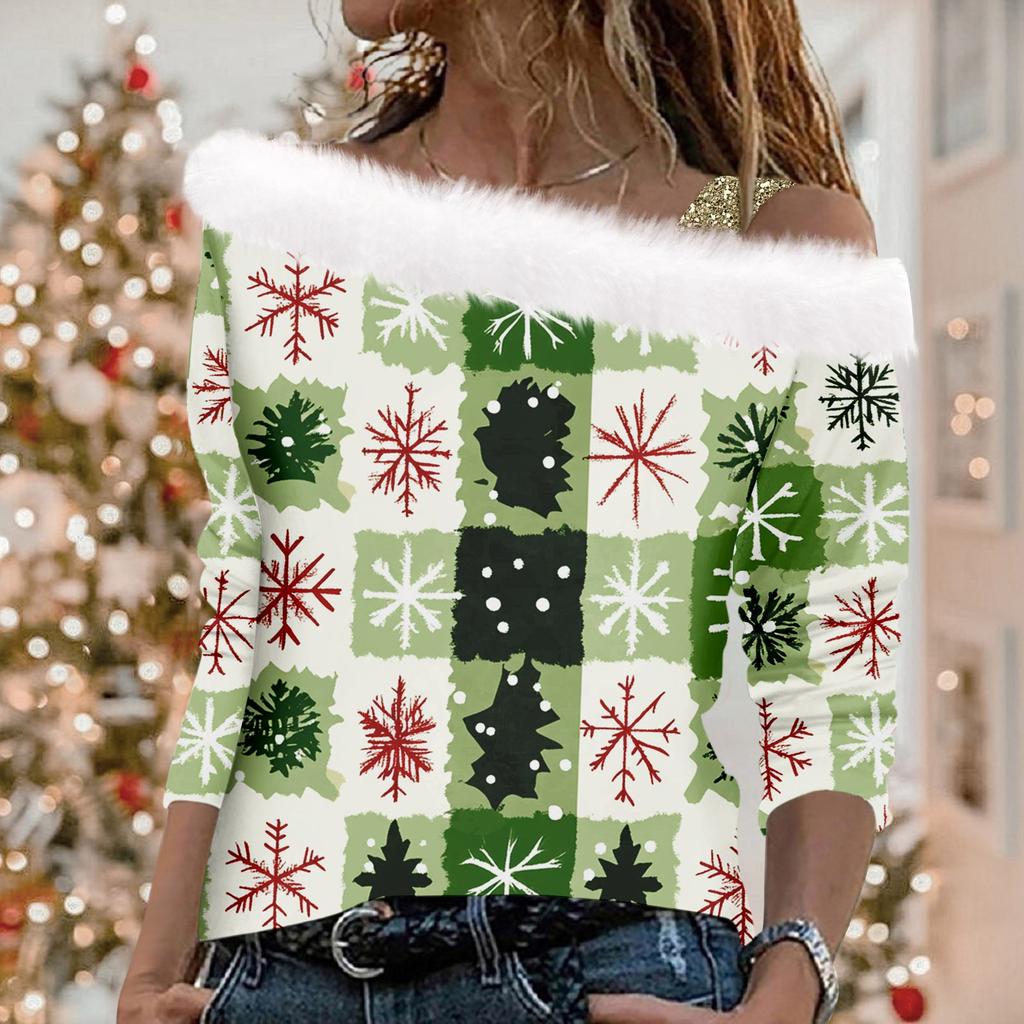 Women's Autumn And Winter Long Sleeved Single Shoulder Strap Christmas Print Pullover Top