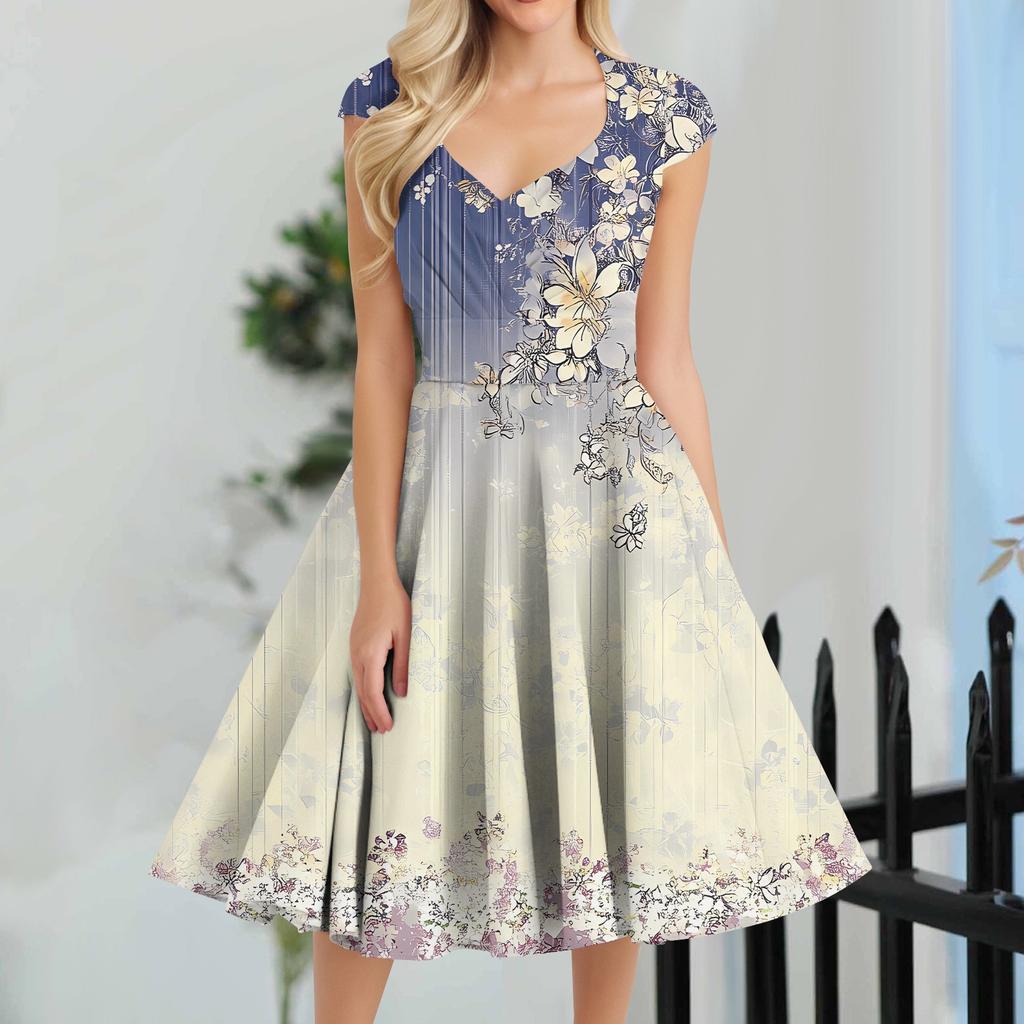 Women's Casual Fashion V-Neck Sleeveless  Printed Mid-Length Dress