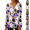 Women's Halloween Print V-Neck Long Sleeve T-Shirt with Sleeves and Pleated Button Front
