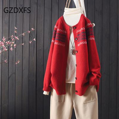 Toamnă și iarnă nou stil etnic cardigan tricot largi pulover jacquard haină retro versatilă pentru femei