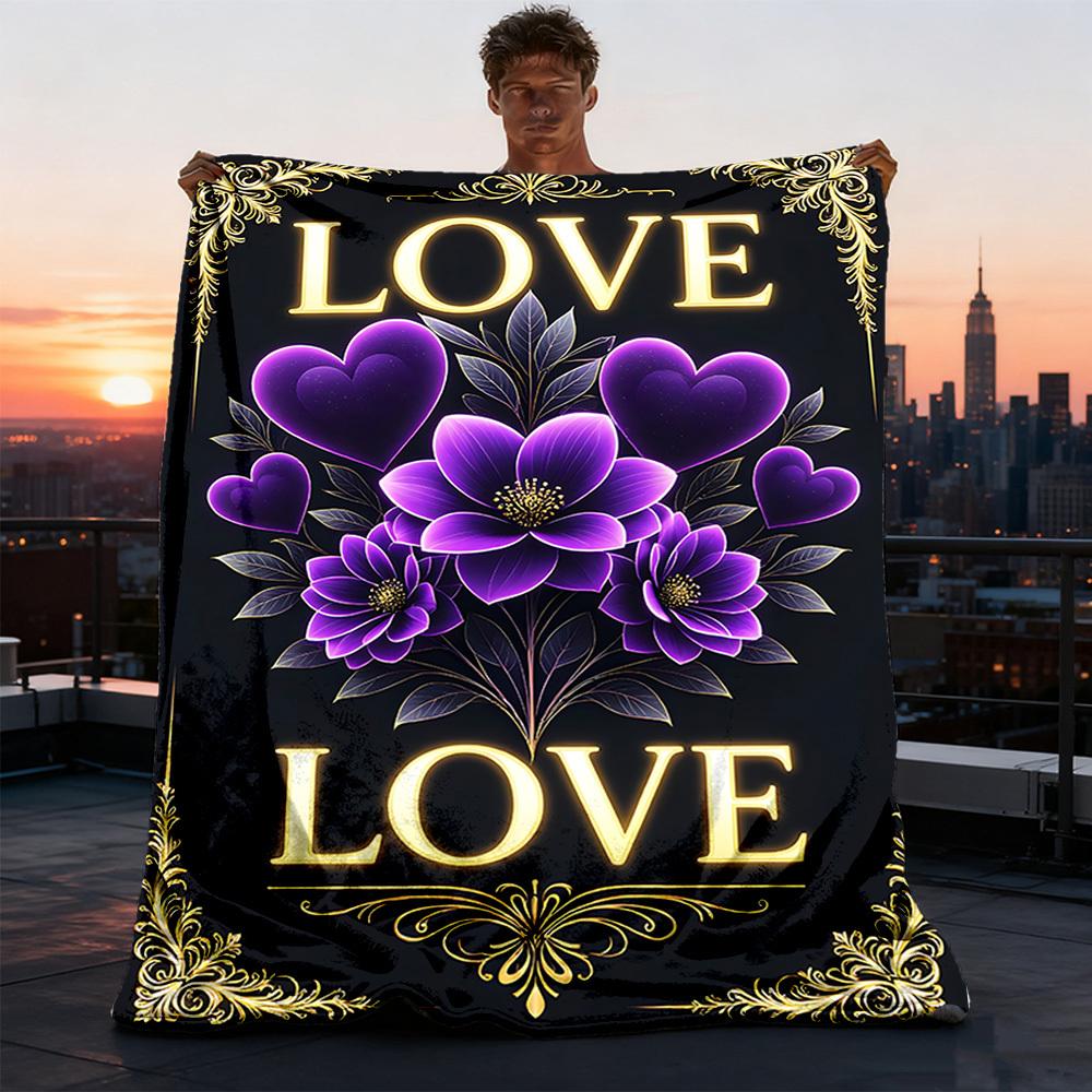 1pc Purple Flowers Love Throw Blanket Polyester Fiber, Lightweight Flannel, Soft & Warm, All Season Use for Outdoor, Camping