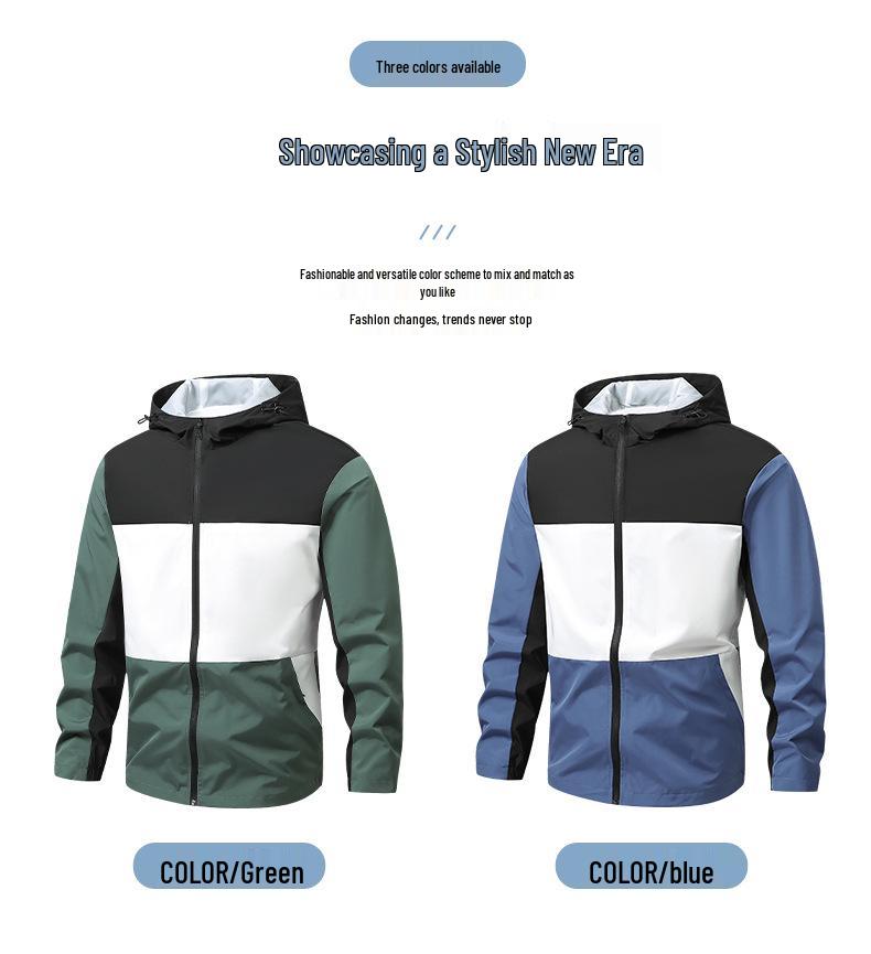 Men's European Size Hooded Jacket - Spring/Autumn, Casual, Breathable, Color Block Fashion, Trendy.