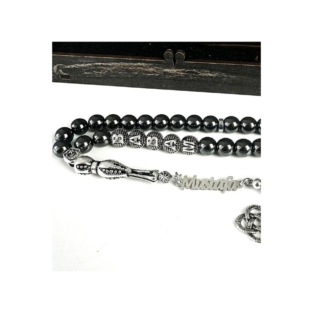 Gebetsperlen aus zertifiziertem Hämatit-Naturstein mit Namen und Briefkastenfrage