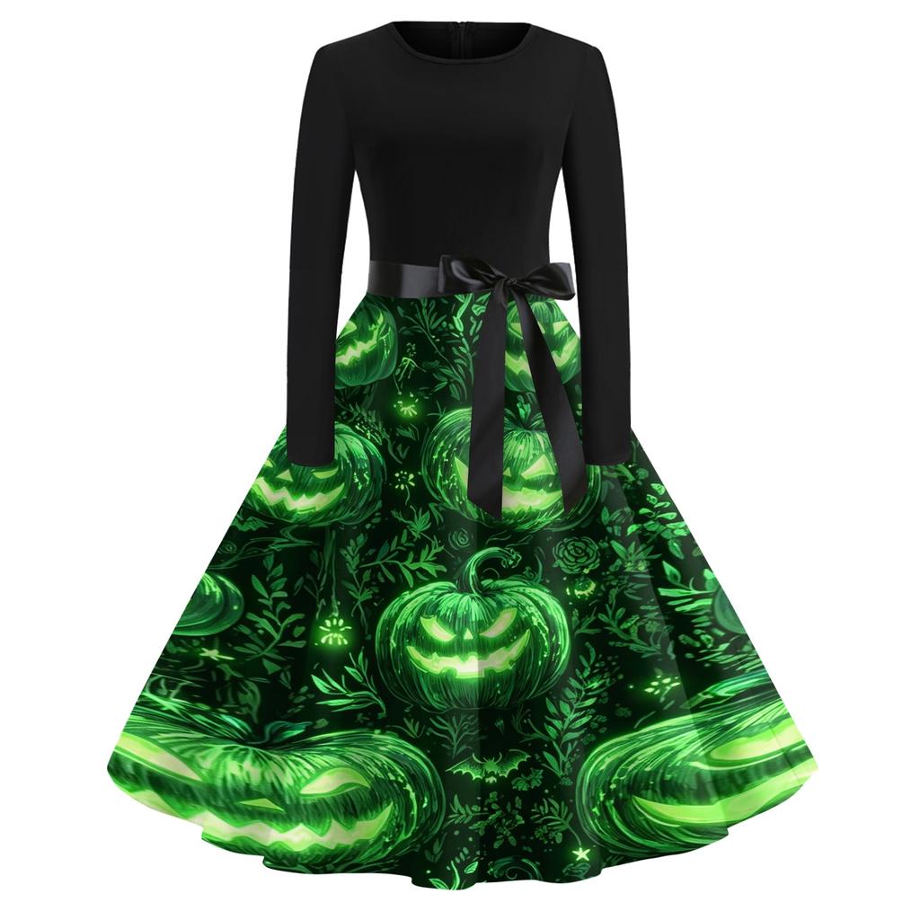 Vintage Dress for Women Retro Halloween Dress with Pumpkin Skull Print Long Sleeve Western Dress for Women Boho Maxi Dress