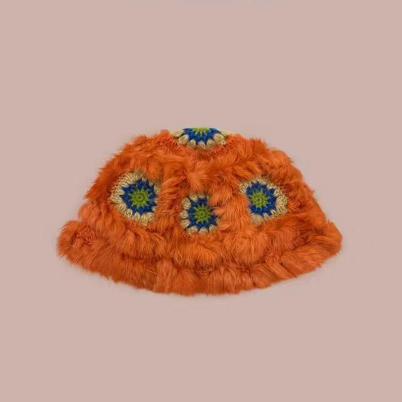 Fashion Rabbit Fur Patchwork Knit Bucket Hat Women Warm Fall Winter Large Head Size Face Slimming