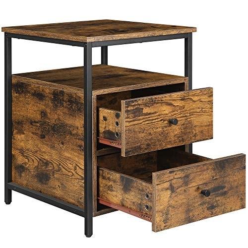 Mesita de noche, mesita de noche, mesa auxiliar, 45 x 45 x 60 cm, estante abierto, 2 cajones, para sala de estar, dormitorio, industrial, rústico