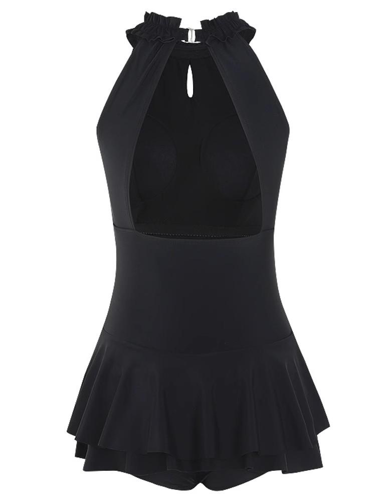 Women's Korean Style One-Piece Swimsuit - Black, Skirted, Backless, Slim Fit, Belly Covering