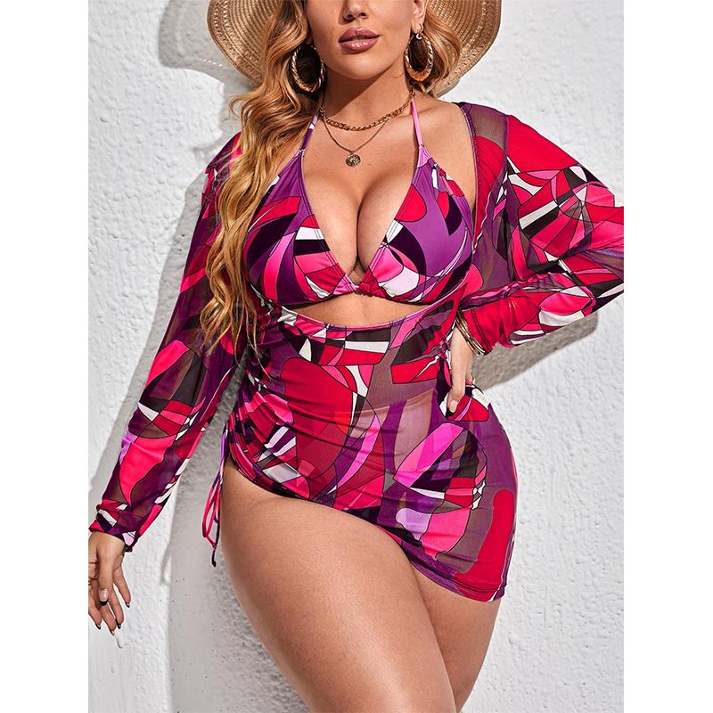 

Купальник больших размеров, женский сплит из трех частей, рубашка с длинными рукавами, сетчатые красные комплекты бикини на шнуровке 4XL розы красного